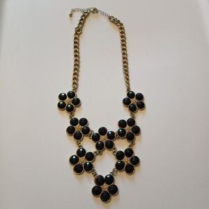 Women's Elegant Black Floral Cluster Gold Tone Chain Bib Necklace